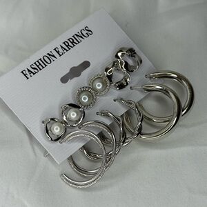 Silver Hoop & Pearl Stud Earring Set – 6 Pairs Fashion Jewelry Bundle NWT